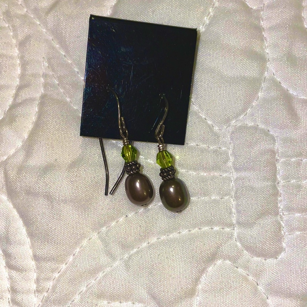 Green and brown, pearl dangle earrings